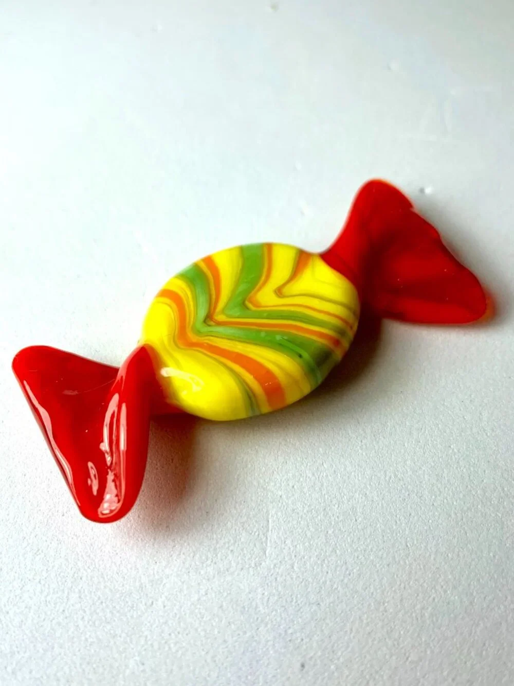 Murano Style Hand Blown Lampwork Glass Candy Red Yellow Green Swirl Figurine